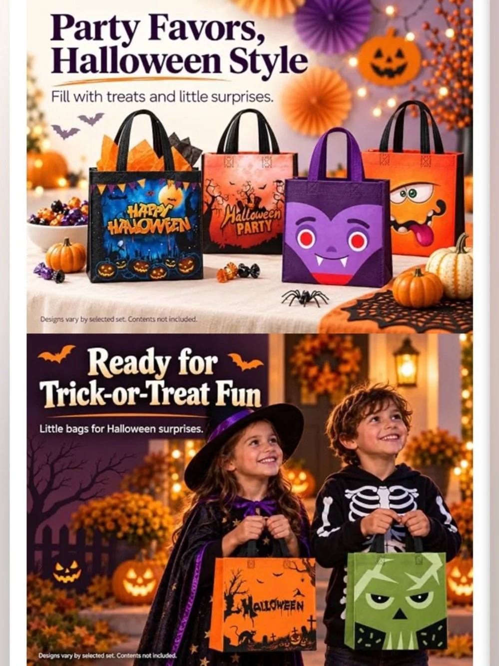 Halloween Kids Trick-or-Treat Tote Bag Set - Assorted Monster Faces- 6 pack